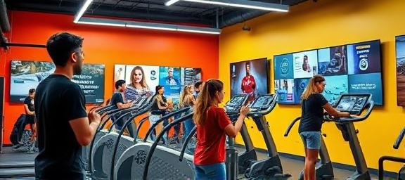 high-tech training center, enthusiastic, using advanced exercise equipment, photorealistic, brightly colored walls with motivational posters, highly detailed, interactive touchscreen panels, 24mm, crisp, fluorescent lighting, shot with a Nikon AF-S NIKKOR 24-70mm f/2.8G ED lens.