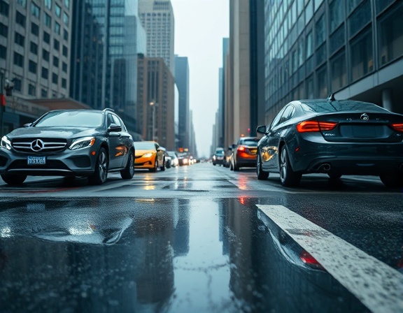precise automobile training, intense focus, practicing parallel parking, photorealistic, urban setting with skyscrapers in the background, highly detailed, reflections on wet pavement, high ISO clarity, deep black, overcast lighting, shot with an 85mm lens.