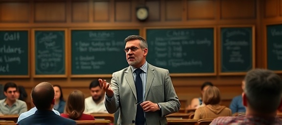 Proficient educator, enthusiastically teaching, sharing knowledge, photorealistic, classic lecture hall with vintage chalkboards, highly detailed, attendees listening carefully, earthy tones, ambient lighting, shot with a 28mm lens.