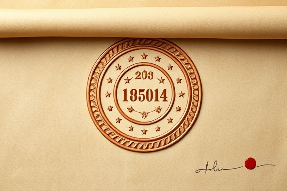 impressive certification seal, official, embossed, photorealistic, on a classic parchment scroll elegantly rolled out, highly detailed, tactile texture, aged sepia with red wax highlights, natural daylight, shot with a 35mm lens