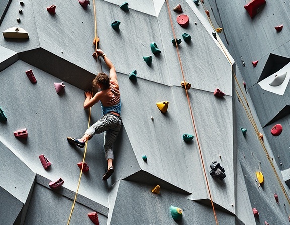 dynamic training center, adventurous, practicing rock climbing, photorealistic, artificially constructed climbing wall, highly detailed, moving chalk dust, 24mm, bold colors, bright daylight, shot with a Tamron 28-75mm f/2.8 lens.