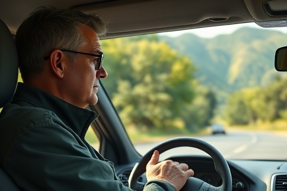 careful safety training, alert demeanor, inspecting the vehicle before a drive, photorealistic, roadside with lush greenery and mountains, highly detailed, slight breeze moving foliage, crisp resolution, pearlescent white, natural daylight, shot with a 24mm lens.