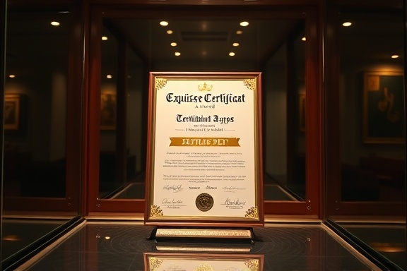 exquisite certification award, triumphant, standing, photorealistic, in an elegant display case with reflective glass surfaces, highly detailed, dynamic reflections, deep mahogany and bronze colors, spotlight illumination, shot with a 70-200mm telephoto lens