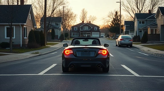 diligent driver training, calm and composed, reversing into a tight spot, photorealistic, suburban area with quaint houses, highly detailed, subtle motion in background, wide dynamic range, classic silver, diffused sunset lighting, shot with a 70-200mm lens.