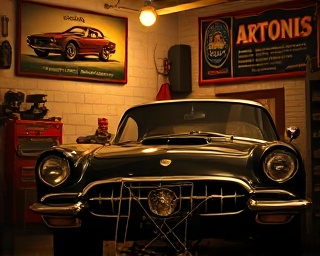 historical automotive mechanic scene, nostalgic expression, working on a classic car, photorealistic, old-fashioned garage with vintage posters, highly detailed, oil lamp flicker, shot with a 35mm film lens, sepia tones, gentle evening light