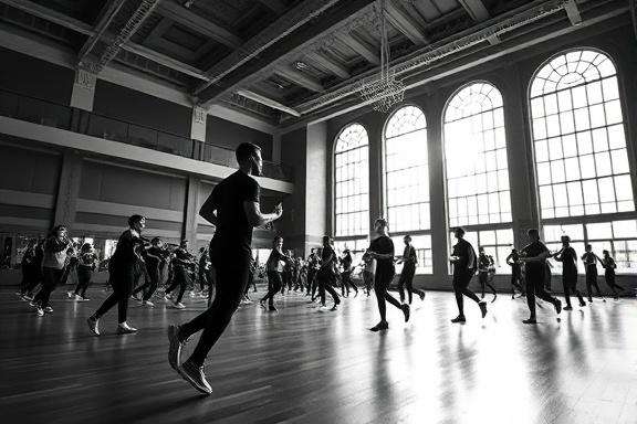 grand training hall, intense, orchestrating a fitness class, photorealistic, elegant architecture with high ceilings, highly detailed, rhythm of footsteps, 35mm, monochrome aesthetic, harsh sidelighting, shot with a Sigma 35mm F1.4 Art lens.