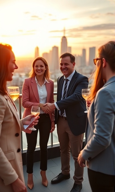 successful recruiting success, joyful expression, celebratory handshakes, photorealistic, rooftop party setting with city skyline, highly detailed, colleagues congratulating each other, vivid contrast, vibrant sunset hues, golden hour lighting, shot with an 85mm lens