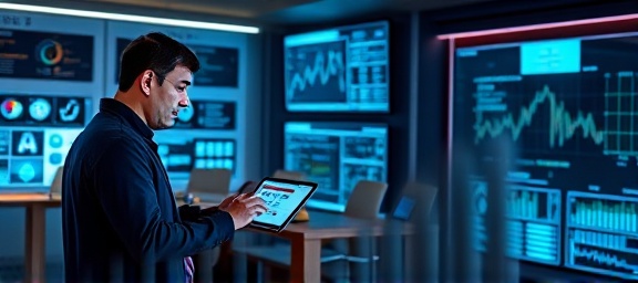 innovative sales coaching session, a mentor using technology to enhance skills, demonstrating virtual tools, photorealistic, a high-tech environment with interactive screens, highly detailed, digital tablets in use, clear resolution, vibrant digital display colors, LED strip lighting, shot with a 28mm lens.