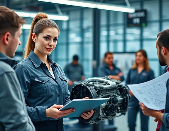 female automotive engineer, confident expression, explaining engine components to a group, photorealistic, modern open-space workshop with glass walls, highly detailed, schematic diagrams on tablets, 24-70mm lens shot, soft pastels, bright LED strip lights