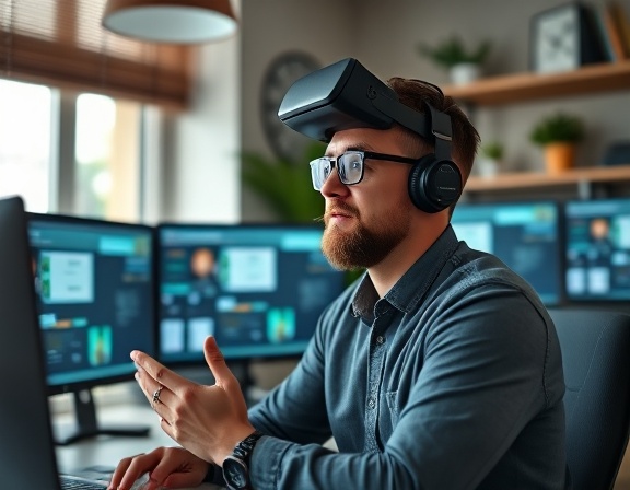 Interactive online learning, thoughtful instructor, explaining, photorealistic, home office setting with multiple monitors, highly detailed, augmented reality elements, 4K resolution, cool tones, natural daylight, shot with a 35mm lens.