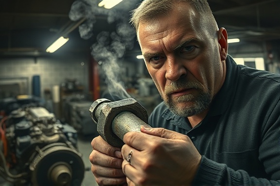 gritty automotive repair, intense expression, removing a rusty bolt, photorealistic, dim garage with engines in various states of repair, highly detailed, steam rising from hot metal, 12K resolution, grayscale with hints of color, chiaroscuro lighting, shot with a fisheye lens