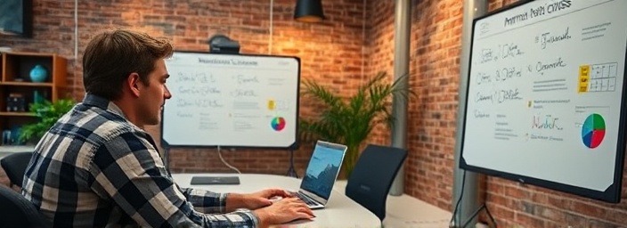 Immersive online course, motivated participant, collaborating, photorealistic, digital workspace with virtual breakout rooms, highly detailed, shared digital whiteboard, telephoto perspective, earthy tones, overhead lighting, shot with a 100mm lens.