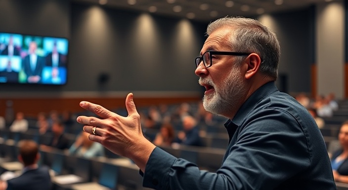 Dynamic online lecture, expressive professor, gesturing, photorealistic, modern virtual auditorium with screens and webcams, highly detailed, real-time feedback tools, high dynamic range, neutral colors, spot lighting, shot with a 70mm lens.