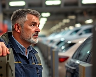 experienced automotive technician, thoughtful expression, performing emissions test, photorealistic, bustling service center with cars queued, highly detailed, diagnostic machines beeping, 105mm macro lens shot, warm grays and metallics, bright ceiling lights