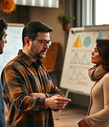 expert recruiting expertise, thoughtful expression, consulting with team, photorealistic, collaborative sandbox office area with whiteboards, highly detailed, pointing to diagrams, precise composition, rich autumn colors, warm tungsten lighting, shot with a 100mm macro lens