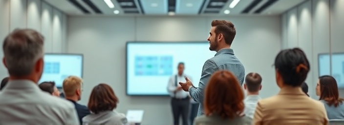 talented recruiting skills, confident expression, presenting at a workshop, photorealistic, sleek conference room with presentation screens, highly detailed, audience members taking notes, clear textures, pastel professional attire, bright overhead lighting, shot with a 24-70mm lens