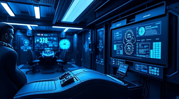 high-tech automotive tools, innovative expression, demonstrating new equipment, photorealistic, sleek modern facility with digital interfaces, highly detailed, holographic readouts displaying data, 10K resolution, futuristic blue tones, LED spotlighting, shot with a standard lens