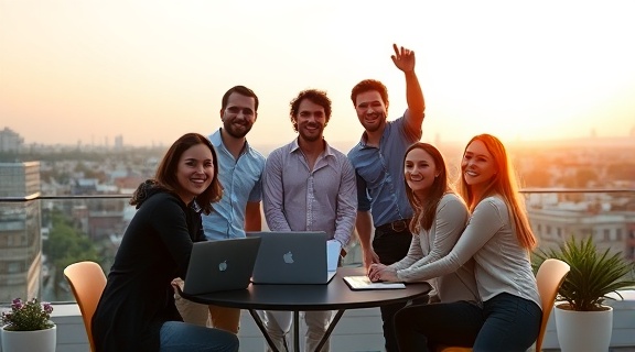 visionary recruiting success, elated expression, sharing achievements, photorealistic, open rooftop garden with panoramic views, highly detailed, team gathered around laptops, balanced framing, serene pastel shades, twilight hour lighting, shot with a 90mm tilt-shift lens