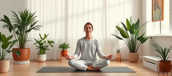 cozy training studio, relaxed, meditating in silence, photorealistic, soothing color palette with potted plants, highly detailed, gentle air movements, 50mm, pastel, soft diffused lighting, shot with a Canon RF 85mm f/1.2L lens.