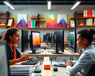 Experienced expert, attentively mentoring, offering guidance, photorealistic, innovative workspace filled with resources and computers, highly detailed, learners intently focused, vibrant color palette, overhead lighting, shot with an 85mm lens.