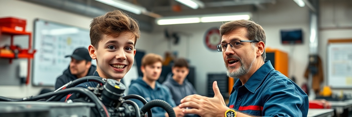 enthusiastic automotive repair class, curious expression, instructor demonstrating engine concepts, photorealistic, workshop setting with whiteboards and tool stations, highly detailed, animated gestures, 50mm portrait lens, vibrant primary colors, overhead classroom lights