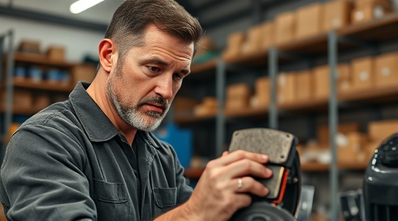 skilled automotive mechanic at work, determined expression, replacing brake pads, photorealistic, tidy workshop with organized shelves in the background, highly detailed, dust particles in the air, shot with a 70-200mm lens, earthy browns and blacks, late afternoon shadows