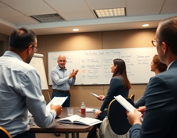 dynamic sales workshop, an engaging trainer interacting with a diverse group, sharing successful techniques, photorealistic, a conference room with whiteboards full of notes, highly detailed, participants taking notes eagerly, crisp resolution, vibrant colors, ambient overhead lighting, shot with a 35mm lens.