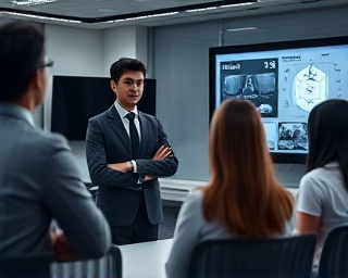 Competent consultant, encouraging involvement, facilitating discussion, photorealistic, corporate training room with interactive screens, highly detailed, group collaborating, monochrome attire, diffused lighting, shot with a 24mm lens.