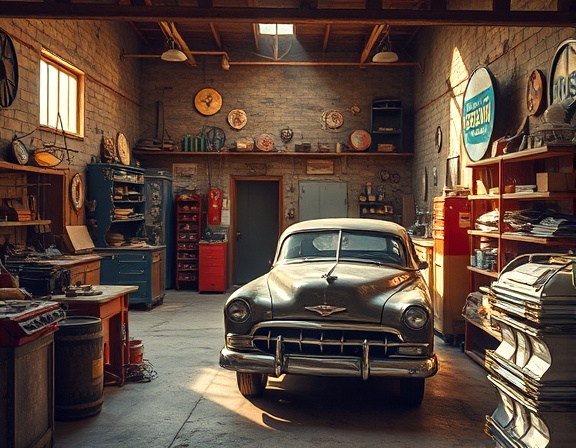 vintage automotive garage, nostalgic expression, restoring a classic car, photorealistic, cluttered space with historical memorabilia, highly detailed, dust particles illuminated in the air, 16K resolution, sepia tones, natural sunlight streaming in, shot with a wide-angle lens