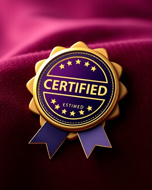 polished certification badge, esteemed, showcased, photorealistic, pinned on a luxurious velvet fabric background, highly detailed, gentle glint, rich jewel tones with gold accents, diffuse lighting, shot with a 100mm macro lens
