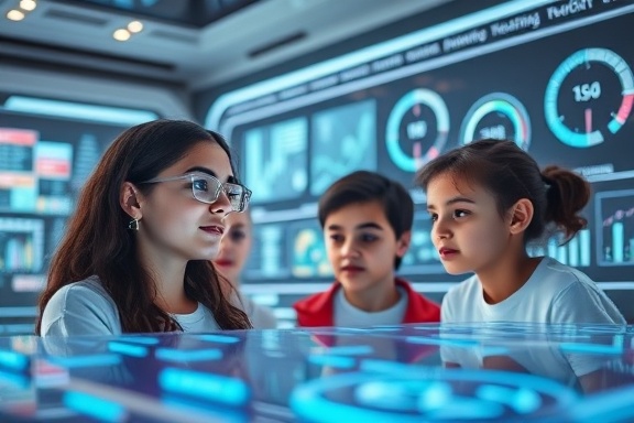 Innovative online education, curious learners, exploring, photorealistic, futuristic virtual environment with holographic displays, highly detailed, interactive dashboards, ultra-high-definition, pastel hues, diffused lighting, shot with a 28mm lens.