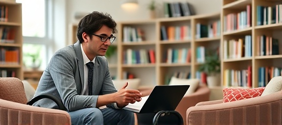 Expert mentor, thoughtfully guiding, providing feedback, photorealistic, cozy learning environment with bookshelves and soft chairs, highly detailed, mentees engaging, pastel hues, direct lighting, shot with a 70mm lens.