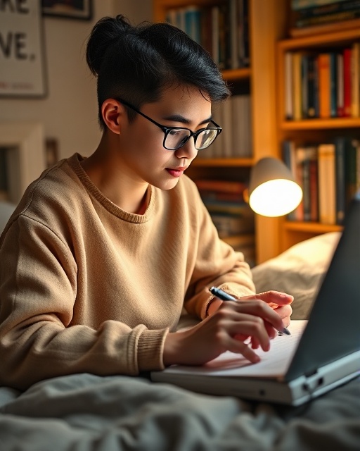 Dedicated online study, focused student, typing notes, photorealistic, cozy bedroom with study nook and books, highly detailed, digital note-taking, macro focus, warm colors, desk lamp illumination, shot with a 50mm lens.
