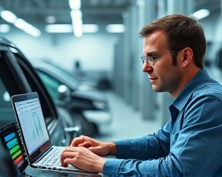 precise automotive diagnostics session, focused expression, analyzing data on a laptop connected to a car, photorealistic, laboratory-like work environment with test benches, highly detailed, rows of electronic devices, wide-angle 18mm lens shot, pastel blues and whites, diffuse lighting
