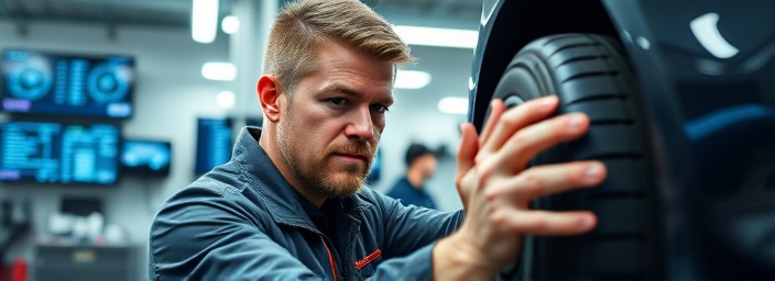 meticulous automotive maintenance, focused expression, checking tire pressure, photorealistic, bright showroom-style workshop, highly detailed, digital displays flashing diagnostics, 6K resolution, bright whites and primary colors, diffused lighting, shot with a telephoto lens