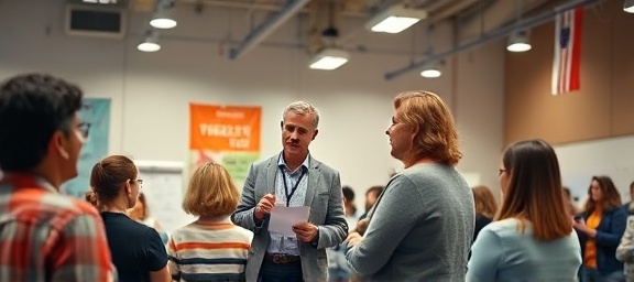 Capable facilitator, effectively communicating, organizing activities, photorealistic, spacious workshop area with banners and flip charts, highly detailed, participants dynamically interacting, primary colors, fluorescent lighting, shot with a 40mm lens.