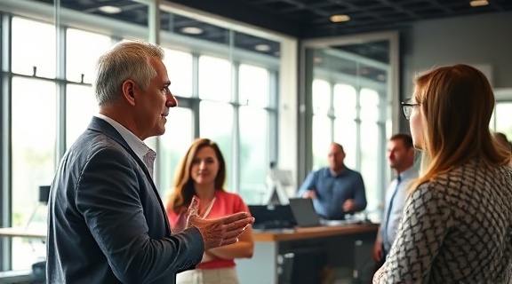 inspired sales leadership, an influential leader addressing their team with confidence, motivating for future goals, photorealistic, an open-space office with a glass wall, highly detailed, employees listening intently, vivid contrast, natural sunlight from windows, shot with a 70mm lens.