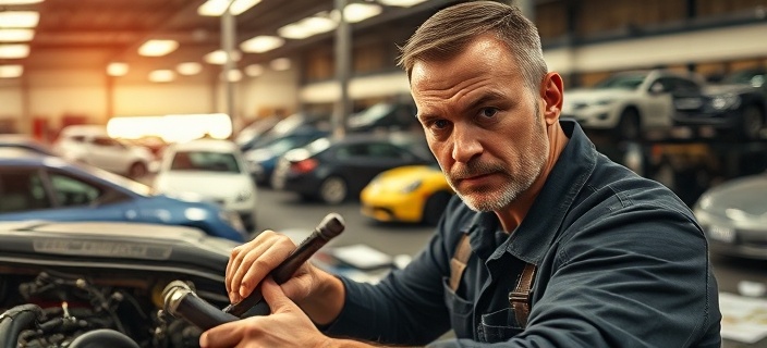 focused automotive mechanic, intense expression, using a wrench on an engine block, photorealistic, a garage full of cars in various states of repair in the background, highly detailed, scattered papers and tools, shot with a 24mm lens, warm tones, midday sun filtering through skylights