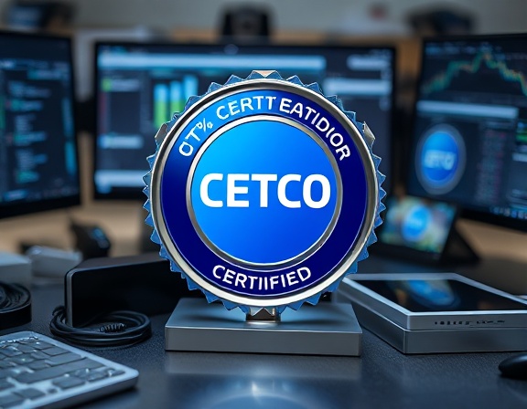 sleek certification icon, modern, gleaming, photorealistic, on a desktop surrounded by high-tech gadgets, highly detailed, shimmering effects, metallic blue and silver hues, focused spotlight, shot with an 85mm prime lens