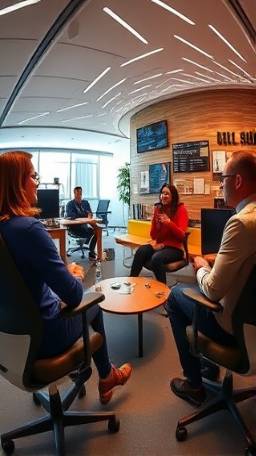 innovative recruiting strategy, strategic expression, leading a brainstorming session, photorealistic, co-working space with ergonomic furniture, highly detailed, diverse team engaged in discussion, dynamic shadows, bold primary colors, high-intensity LED lighting, shot with a 16mm fisheye lens