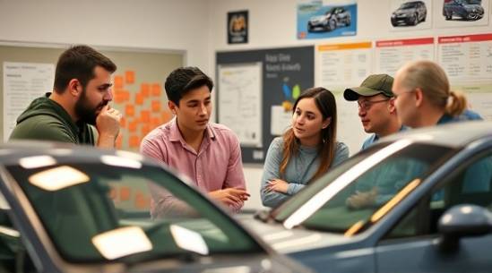 dynamic automotive education session, engaged expression, students gathered around a car model, photorealistic, classroom setting with charts and automotive posters on the walls, highly detailed, animated discussion, shot with a 35mm lens, mixed color palette, soft fluorescent lighting